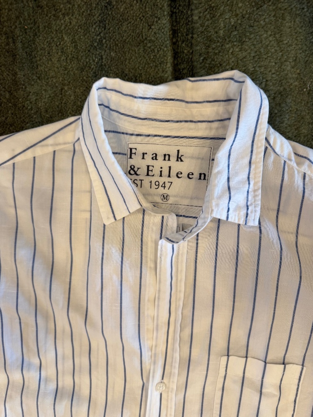 FRANK & EILEEN 3/4 SLV BUTTON DOWN WHITE/BLUE STRIPE 71%COTTON/29% LINEN MEDIUM